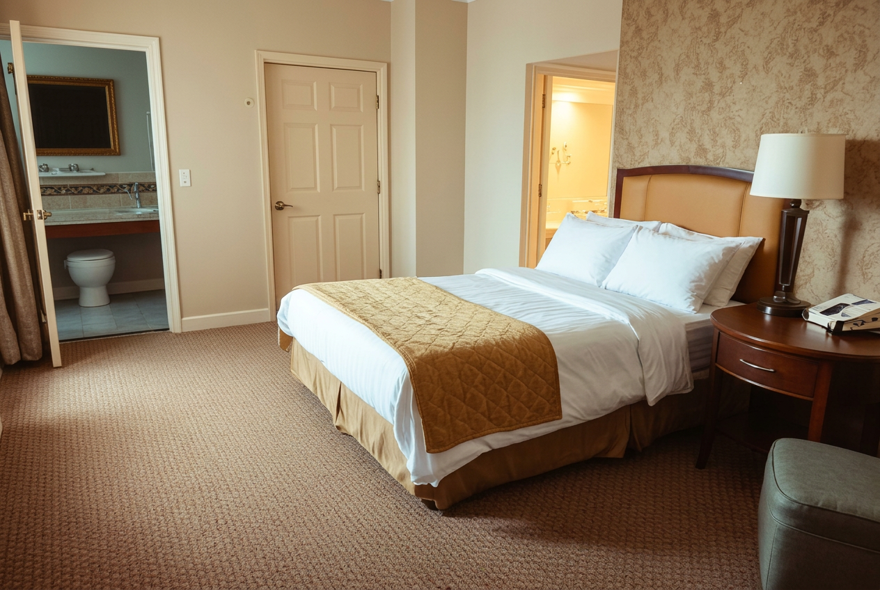 Clean guest room prepared for business and hospitality clients